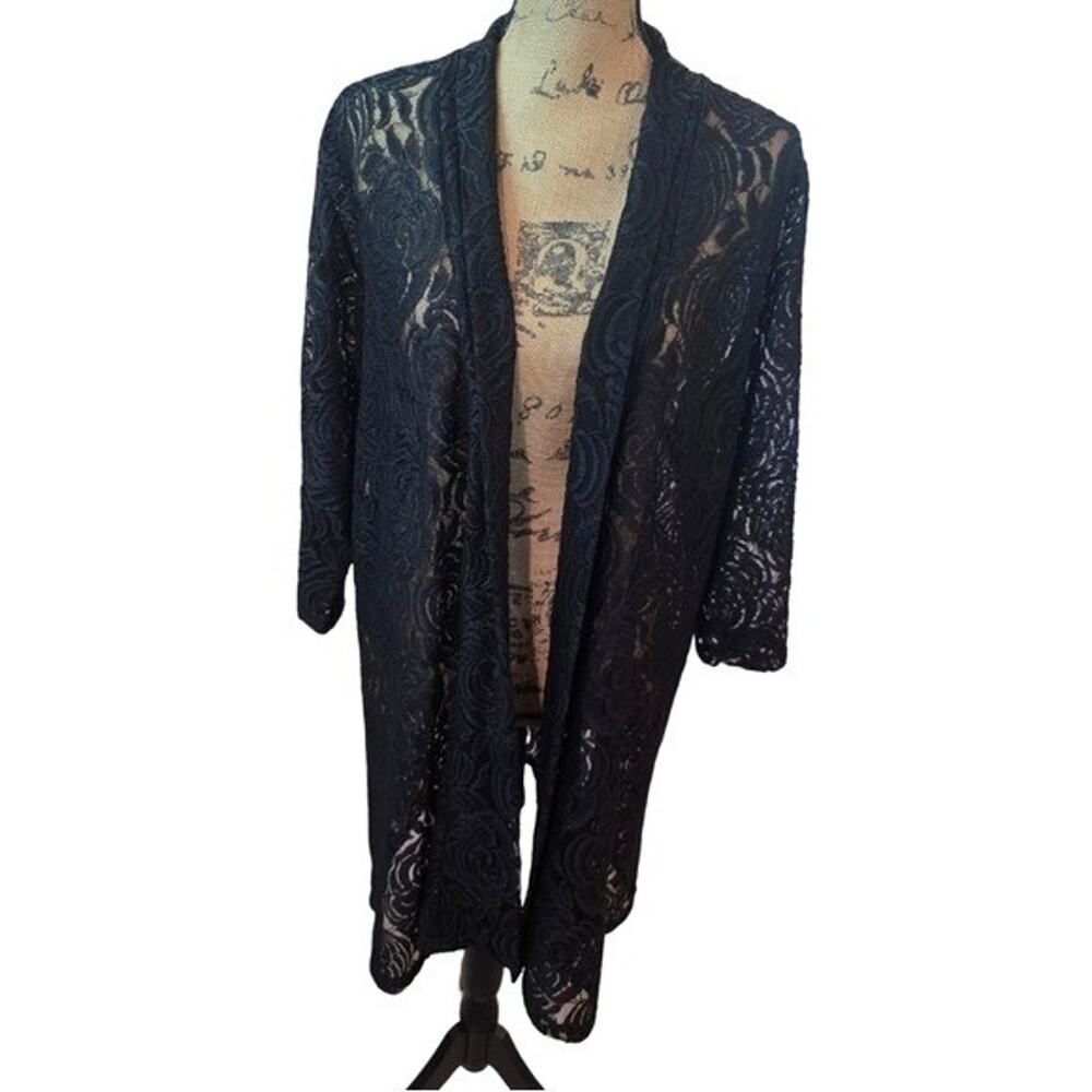 Eve & Maddie Black Floral Lace Open Front Duster Cardigan Plus Size 1X Longline